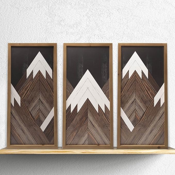 flangairy Set of 3 Mountain Wall Art Framed, 21×10 Inchs Wooden Brown White Abstract Forest Nature Wall Decor, Living Dining Room Bedroom Hallway Rustic Decorations for Home