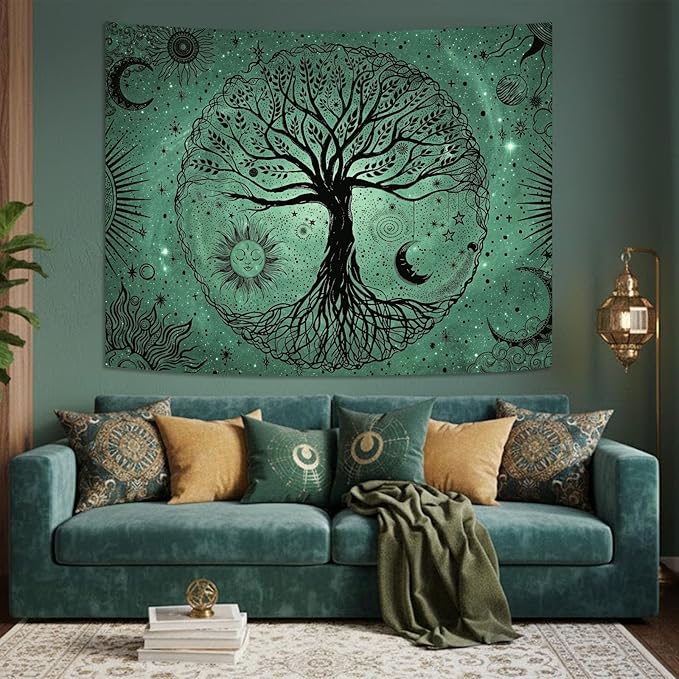 Leeisysme Tree of Life Sun Moon Tapestry, Aesthetic Line Art Wall Hanging for Living Room Bedroom Home Decor, Green 36x48 inches