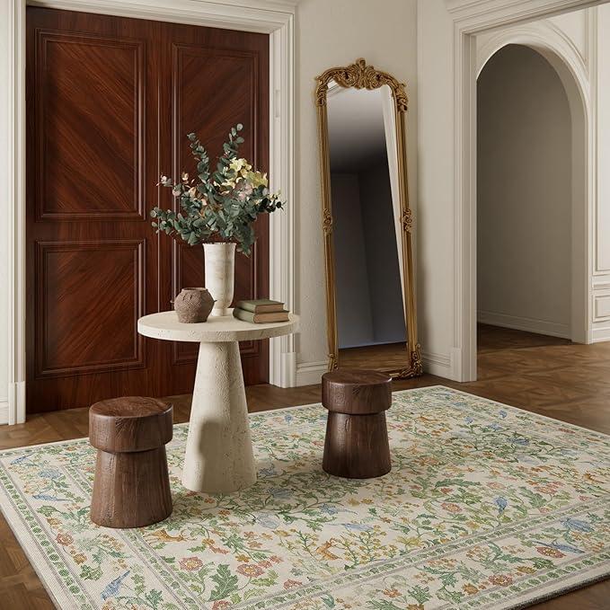 Washable Area Rugs for Living Room: 5x7 Bedroom Rug Vintage Rugs Stain Resistant Non Slip Low Pile Lightweight Soft Carpets Rugs for Dining Room Kitchen Nursery Kids Room Farmhouse Living Room