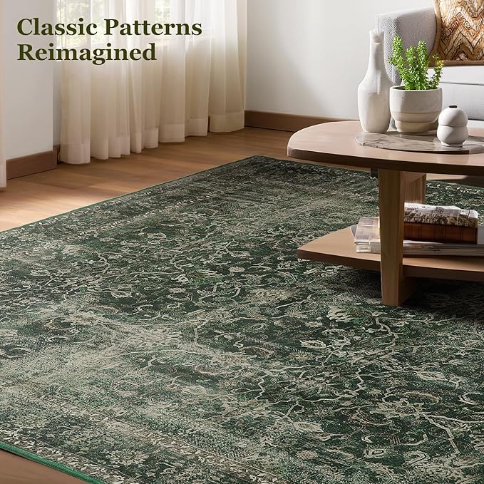 Area Rugs 6x9 Dark Green, Vintage Distressed Earth Tone Living Room Rug Washable Low Pile, Dark Moody Carpet Rug for Bedroom Dining Room Non Slip, Home Office Reading Nook