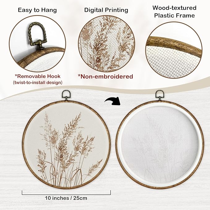 TLESKE Beige Rustic Fall Botanical Round Wall Art Decor Set of 2, Boho Autumn Wildflower Floral Framed Canvas Prints Wall Art Artwork, Neutral Vintage Wall Hanging Decor for Farmhouse Bedroom Living Room 10x10