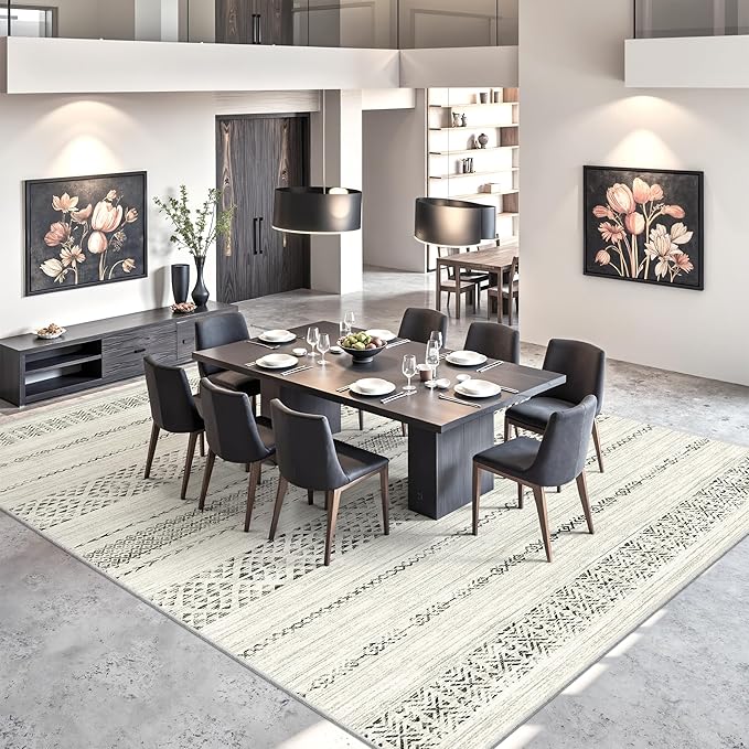 Miukiki 9x12 Area Rug for Living Room Moroccan Washable Rugs Non Slip Indoor Floor Carpet Foldable Large Soft Area Rug for Dining Room Bedroom with Low Pile(Grey,9'x12')