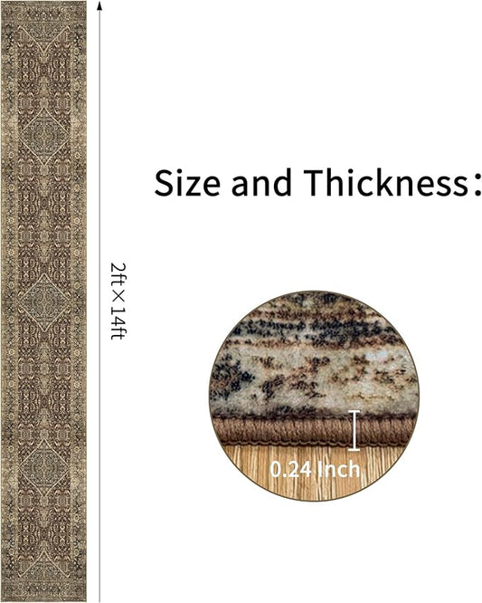 Non-Slip Runner Rugs for Hallway: 2x14 Washable Long Rug for Entryway Kitchen Bathroom Bedroom Indoor - Vintage Home Decor Mat Carpet - Brown