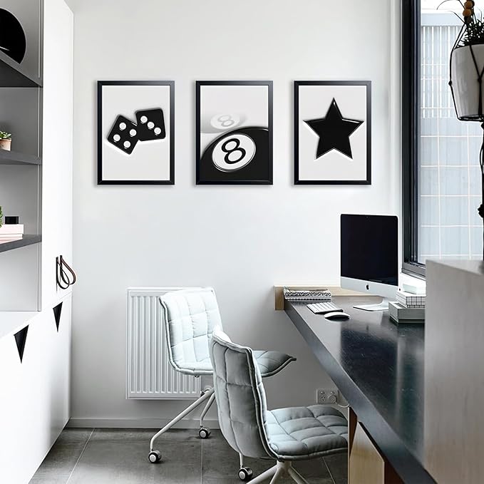 Black And White Wall Art Set of 3, Vintage Y2k Dice 8 Ball Canvas Prints Painting, Funky Lucky Preppy Posters Pictures For Game Room Apartment Dorm Teenager Room Wall Decor 16x24 Inch Framed