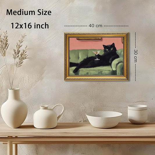 YD&YZY Gold Framed Funny Cat Wall Art Canvas Black Cat Martini Vintage Quirky Humor Bar Cart Wall Decor Cute Animal Painting Picture Print Artwork for Bedroom Living Room Bathroom 12x16 inch Framed