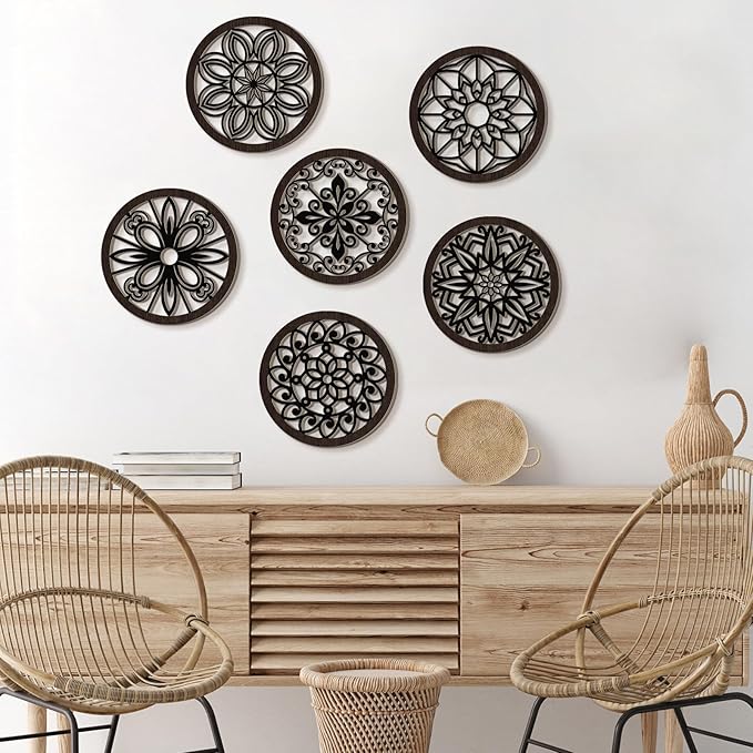 Ferraycle 6 Pieces Thicken Rustic Wall Decor Farmhouse Wall Art Wooden Round Art Hanging Decoration Hollow Carved for Living Room Bedroom Kitchen Office Apartment Hallway(Black Brown)