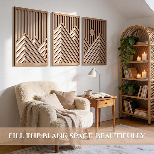 qmmp Modern Wooden Wall Sculptures - Set of 3 - MDF - Oak - Home Decor Accent - Large Wall Art for Living Room, Bedroom, Office - Easy Installation (Oak, XXLarge - Mountain and Sun, Unframed)