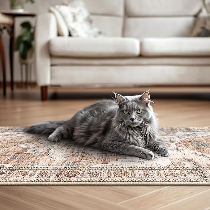 BESTSWEETIE 2x6 Area Rug Washable Rugs for Living Room, No Pile Boho Carpet for Entryway Bedroom Dinning Room, Vintage Carpet Print Distressed Non-Slip, 2 x 6 ft, Orange Pink Brown Earth Tones