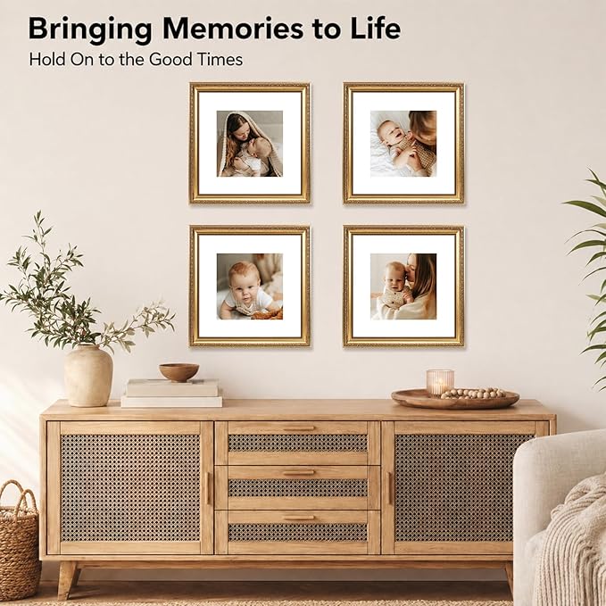 JCJMY 12x12 Vintage Picture Frame with 8x8 Mat Set of 4, Elegant Retro 12 by 12 Photo Frame with Shatter-Resistant Plexiglass for Wall Hanging, Gallery Decor & Gift, Gold, 4 Pack