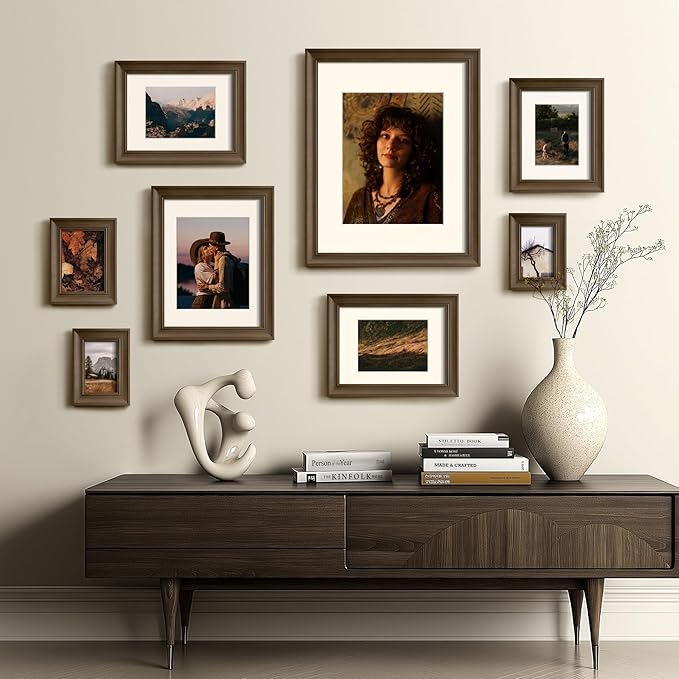 Yaetm 11x14 Picture Frame with Mat for 8x10 Set of 4, 1.4" Wide Molding Brown Wood Grain Photo Frames 11 x 14 with Tempered Glass for Home and Office, Wall Mount (4 pack, Wood Brown)