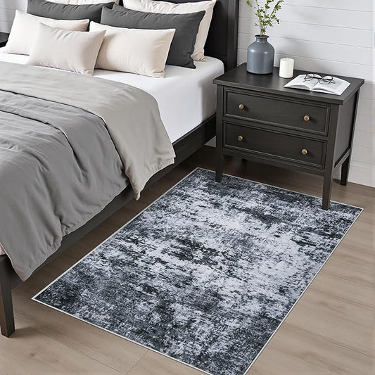 Washable Area Rug 3x5 Entryway Rug: Washable Modern Abstract Soft Thin Rug Indoor Floor No Slip Stain Resistant Carpet for Bedroom Dining Room Farmhouse Nursery Home Office - Black