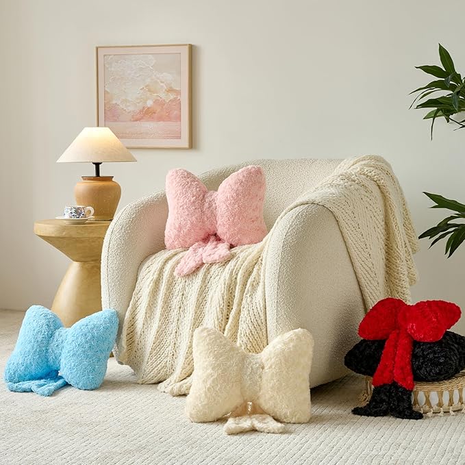 Bow Pillow, Decorative Bow Pillows with Soft Plush for Couch Bed, Bow Shaped Throw Pillow Room Decor for Bedroom, Bow Decorative Pillow for Living Room (Red, Large-16 Inches)