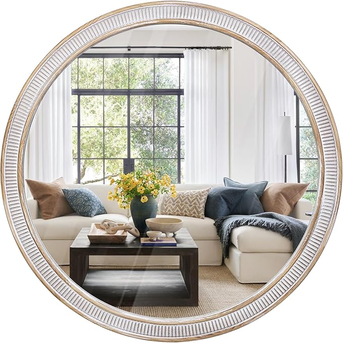 HOITUZYUS 36 Inch Round Wood Mirrors for Wall Decor, Rustic Farmhouse Circle Decorative Mirror for Bathroom, Living Room, Foyer, Entryway, Bedroom