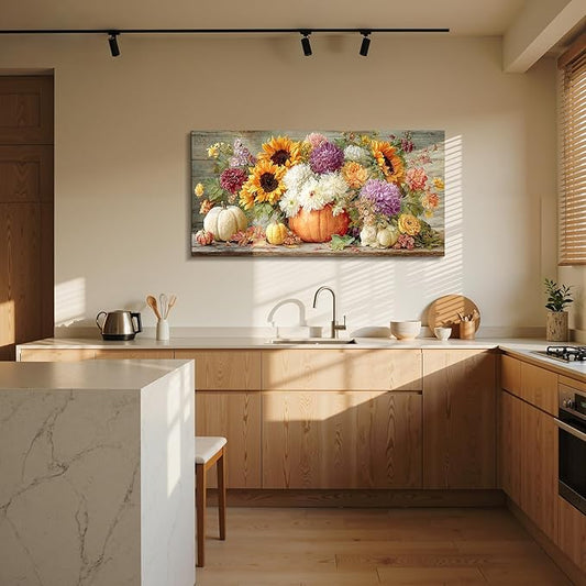 imjiayu Floral Wall Art, Large Wall Art, Rustic Wall Decor, Autumn Pumpkin Painting Prints, Flowers Still Life Pictures for Living Room Bedroom Kitchen Dining Room Farmhouse Home Decorations 20"x40"