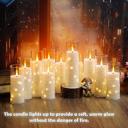 Flameless LED Candles with Timer 24 Pc Flickering Flameless Candles for Romantic Ambiance and Home Decoration Stable Acrylic Shell,with Embedded Star String,Battery Operated Candles(White)