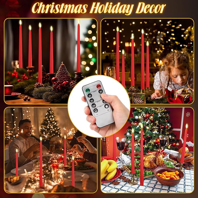 Rossesay 28 Pcs Flameless Taper Candles with Timer Remote 4 Sizes of 8.5", 9.6", 10.83", 12.8" LED Flickering Taper Candles Battery Operated for Valentine's Day Church Wedding Home Decor(Red)