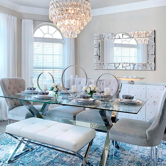 Chende Large Living Room Mirror for Decor, 44'' x 24'' Modern Decorative Wall Mirrors with Uneven Glass Frame, Rectangle Elegant Mirror with Glass Beveled Edge for Entryway, Dining Room, Bedroom