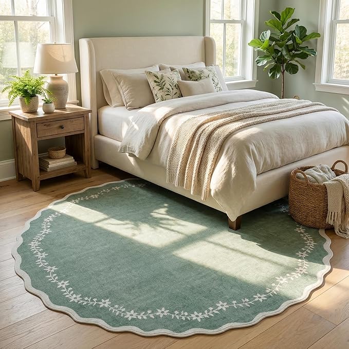 GarveeHome Scalloped Round Area Rugs 8ft for Living Room, Large Sage Green Washable Circle Rug Soft Non Slip Floral Print Floor Mat Carpet Indoor Thin Rug for Bedroom Dining Room Playroom Nursery