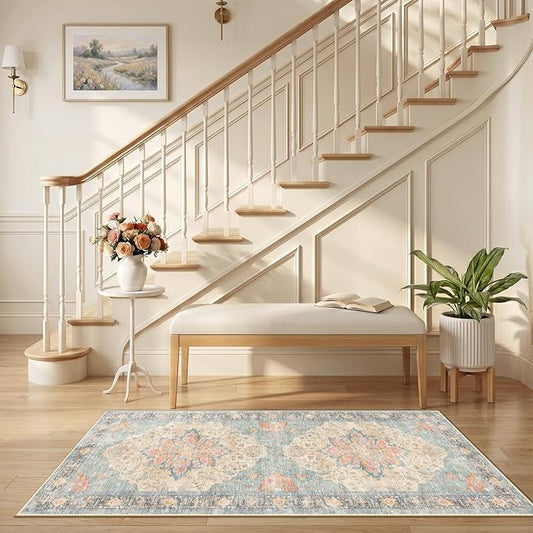RELEANY Area Rugs 2'6"x5' Runner Rug Non Slip Washable for Kitchen Hallway Bedroom Beside Laundry Room Bathroom Rug, Floor Carpet, Blue Orange Red