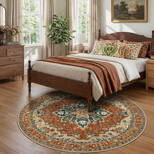 RELEANY Area Rugs Round 7ft Washable Non-Slip, Floral Vintage Distress Print Pattern Medallion Carpet for Living Room Bedroom Dining Room, Red Orange Blue Brown