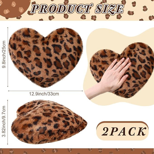 2 Pack Leopard Heart Shaped Pillow Small Cheetah Print Love Pillows 13 x 10 Inch Faux Rabbit Fur Pillows Leopard Throw Heart Pillow for Wedding, Anniversary, Vintage Room Decorative