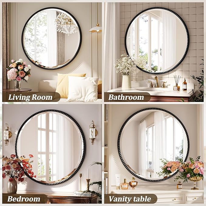 24 Inch Round Bathroom Mirror - Luxurious Retro Beaded Circle Decorative Wall Mirror with PU Frame Hanging Leaning as Art Decor for Entryway, Bedroom, Living Room, Hallway, Black