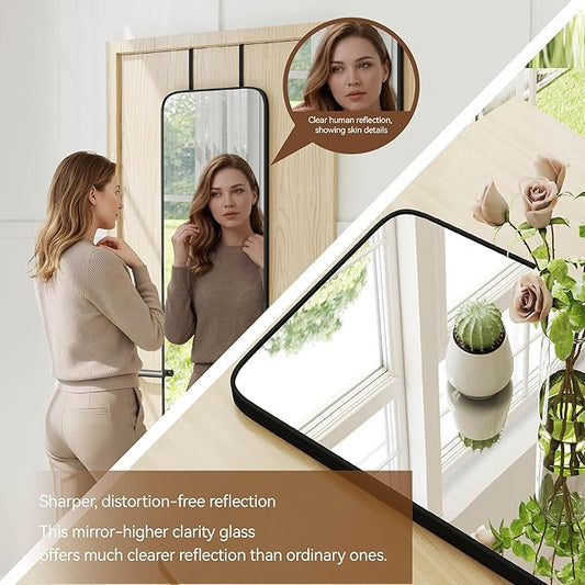 NARCISSUS 57x16 Mirror Door Hanging Full Length Body with Floor Stand or Wall Mounted Metal Aluminum Frame Tempered Glass Rectangle Mirrors for Bedroom Dressing Living Room Bathroom 57 inch Black
