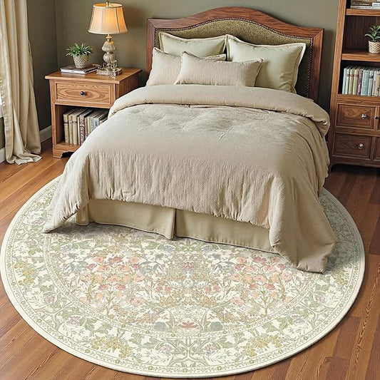 Lunasun Classic 7ft Round Sage Green Rugs for Living Room - Washable Non Slip Floral Area Rugs for Bedroom, Dining Under Table, Kids Room, Home Office, Vintage Indoor Décor