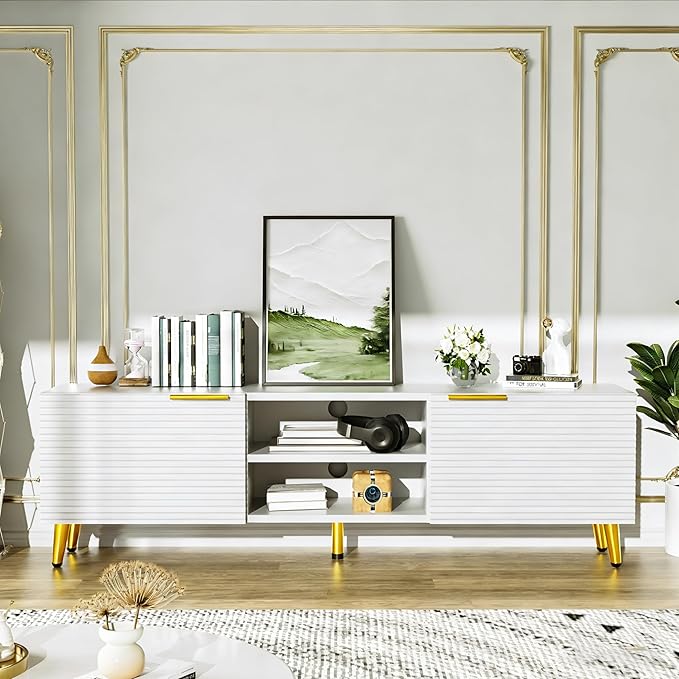 Modern TV Stand for 55/60/65 Inch TV, Entertainment Center with Storage Cabinet and Open Shelves, Media Console Table for Living Room, Bedroom, White & Gold