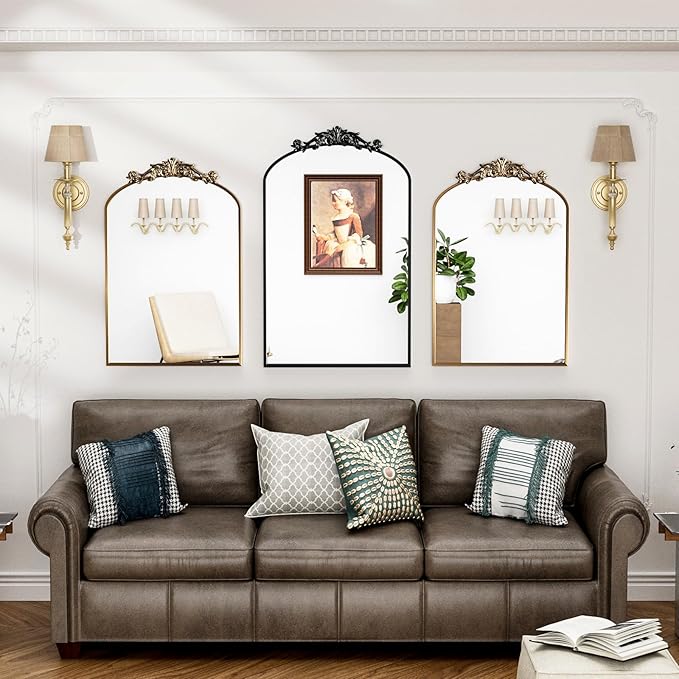 Traditional Vintage Gold Mirror, Antique Arched Mirror, Bronze Decor Wall Mirrors, Large Baroque Mirror with Aluminum Frame, Ornate Mirrors for Bathroom, Living Room, Fireplace (36"x24")