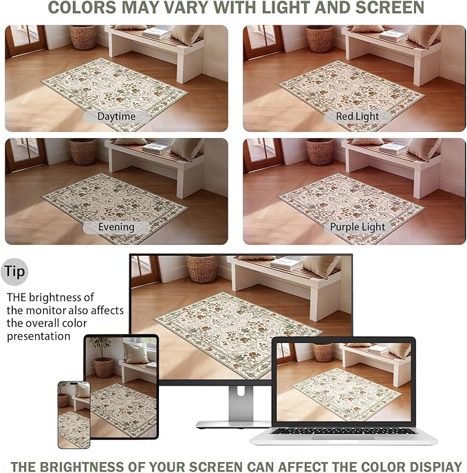 Floral 2x3 Washable Vintage Entryway Rug Non Slip Low Pile Small Rugs, Front Door Rugs for Entrance Kitchen Bedroom Laundry Bathroom,Beige White