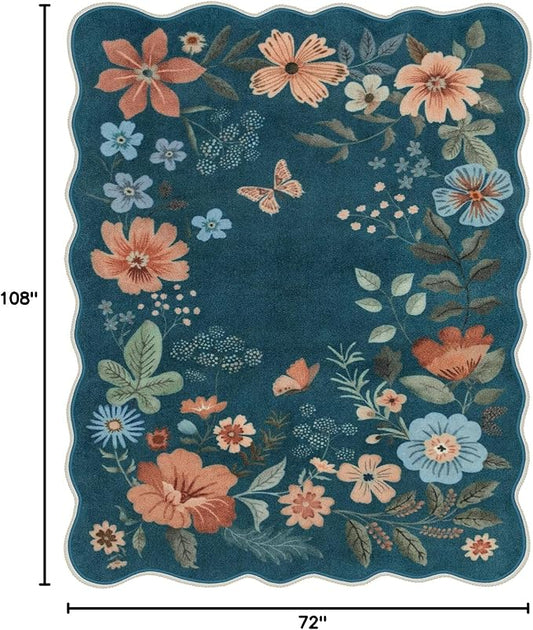 Lahome Floral Washable 6x9 Area Rugs, Soft Bedroom Rug for Living Room Ultra-Thin Non Slip Dining Room Rug, Stain Resistant Boho Blue Rugs Throw Carpet for Office Flore (6'x9',Navy Blue)