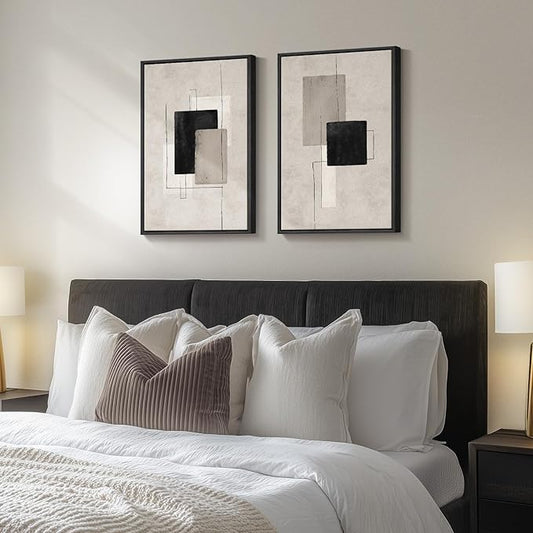 Framed Neutral Abstract Wall Art Set of 2, Black Beige Modern Canvas Prints Paintings Artwork for Walls, Minimalist Block Lines Pictures for Living Room, Dining Room, Bedroom Wall Decor 16x24 In