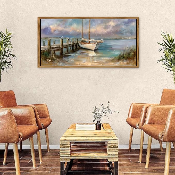 Vintage White Boat Wall Art Framed Coastal Wall Decor Bathroom Bridge Dock Decorations Vintage Ocean Beach Landscape Picture Canvas Prints Seascape Seagull Poster Artwork Living Room Decoration 24x48