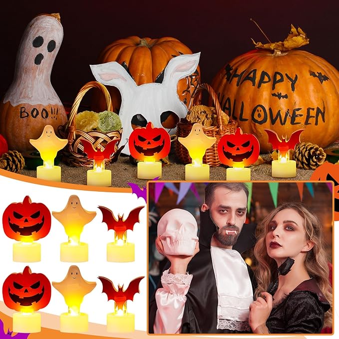 Tuanse 6 Pcs Halloween Flameless Candles Battery Operated LED Tealight Candles Pumpkin Bat Ghost Halloween Decorations for Home Indoor Table Centerpiece Party Decor