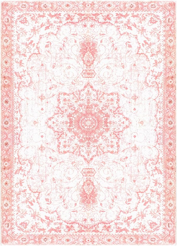 Sofrug Area Rug 6x9 - Vintage Floral Honeycomb Non Slip Backing Carpet - Pink Softer Thicker Faux Wool Rug - Foldable & Machine Washable Rugs for Living Room Bedroom Dining Room Home Office