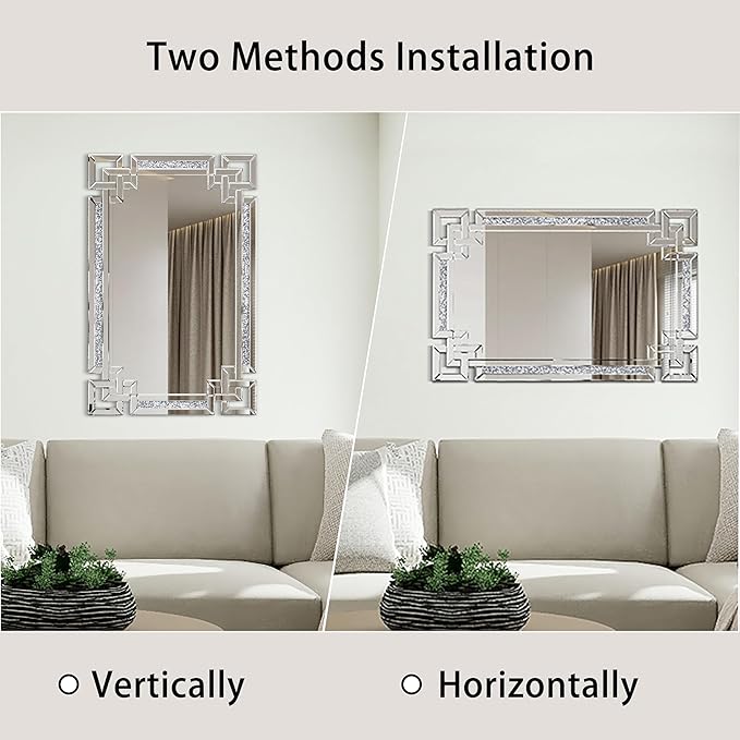 Crystal Crush Diamond Mirror-30 x47 Silver Mirror, Gorgeous Wall Mirror, Rectangle Mirrors for Wall Bathroom, Bedroom, Dining Room and Living Room