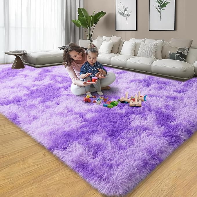 qulint 9x12 Rug for Living Room, Soft Shag Large Area Rug for Bedroom Shaggy Fluffy Nursery Carpet, Plush Fuzzy Alfombra for Boy and Girl Dorm Playroom Home Decor (9ft x 12ft, Tie-Dyed Purple)