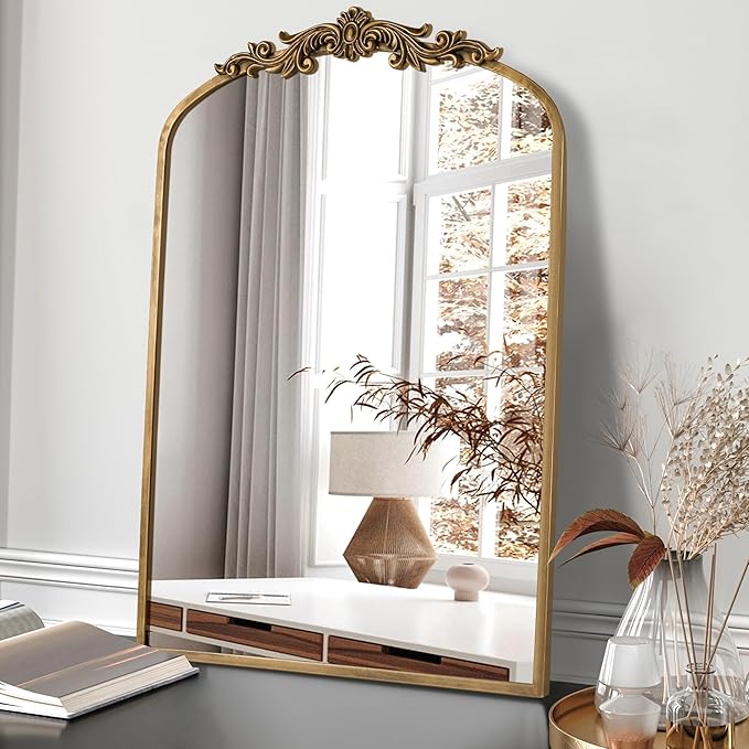 PERFNIQUE Vintage Mirror, 35" X 24" Arched Antique Baroque Wall Mirror, Gold Traditional Wall Decor, Ornate Decor Anthro Look Alike Furniture for Bathroom Living Room Fireplace Entryway Hallway