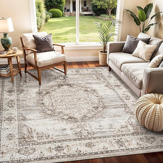 5x5 Area Rug Washable Living Room Rugs: 5ft Square Ultra Thin Soft Oriental Area Rugs Non-Slip Backing Farmhouse Rug Low Pile Thin Stain Resistant Indoor Carpets, 5' x 5' Beige