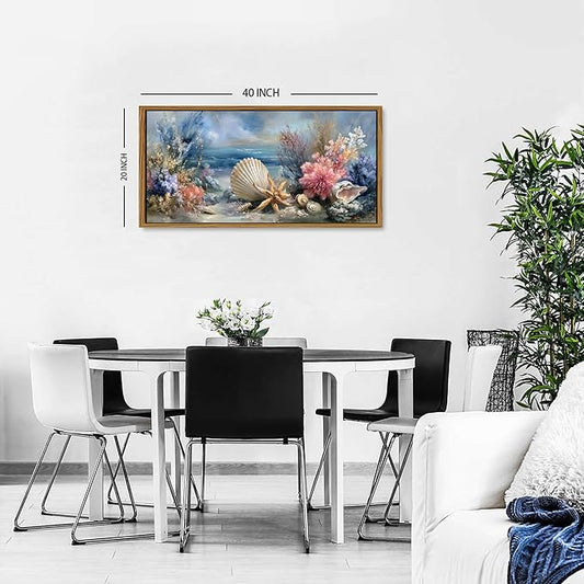 Coastal Coral Wall Art Rustic Seashell Framed Painting Graffiti Abstract Seascape Bathroom Wall Decor Blue Ocean Beach Picture for Living Room Conch Starfish Canvas Print Artwork Home Decoration 20x40