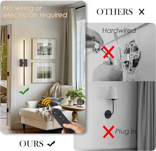 KARTOOSH 28.3 Inch Battery Operated Wall Sconces 3000K Warm White LED Wall Lights Remote Control Dimmable Set of Two 350°Rotate Wireless Lamps Home Decor for Living Room Hallway Bedroom, Black 2 Pack