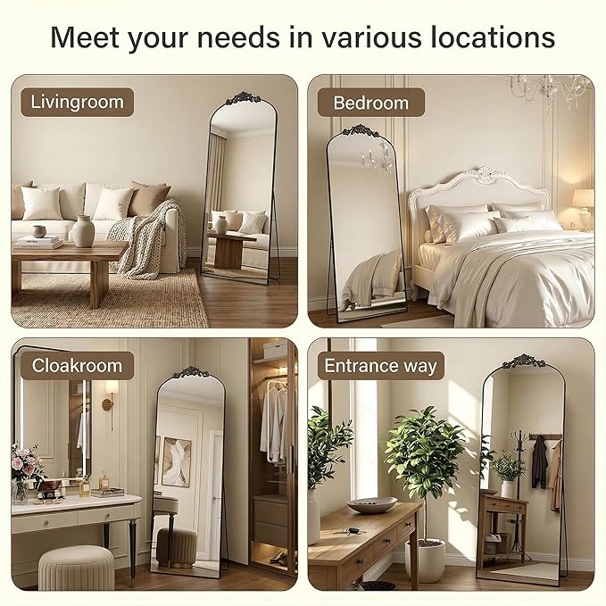 Antok Arched Full Length Mirror, 64"x21" Floor Mirror with Carved, Full Body Mirrors for HomeDecor, Standing/Halling Large Wall Mirror for Bedroom, Living Room, Cloakroom, Black, Vintage Style