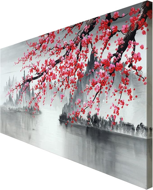 Traditional Chinese Painting Hand Painted Plum Blossom Canvas Wall Art Modern Black and White Landscape Oil Painting for Living Room Bedroom Office Decoration (48x24 inch)