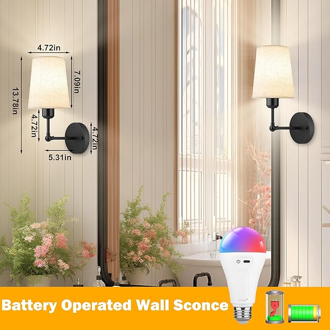 Ostwiki Battery Operated Wall Sconce Set of 2,Black Rechargeable Wall Lights with 5200mAh Dimmable RGB Bulbs and Remote Control,270°Rotation Wireless Wall Lamps for Indoor Bedroom Living Room Hallway
