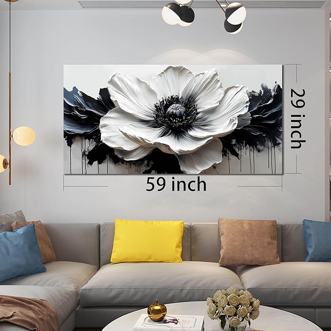 HUBOSKN Black and White Flower Wall Art for Bedroom - Large Canvas Wall Art Living Room - Floral Wall Decor for Teen Girls Size 29" x 59"