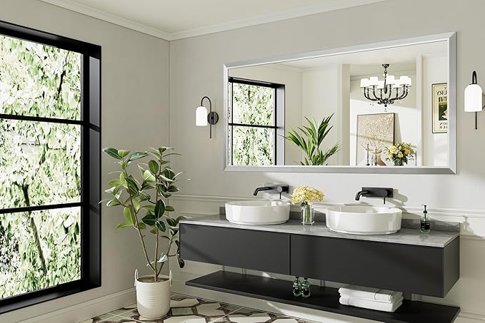 72x36 Inch Brushed Silver Bathroom Mirror for Wall, Thick Metal Framed Rectangle Mirrors for Over Sink, Bedroom, Living Room, Entryway, Anti-Rust, HD Tempered Glass