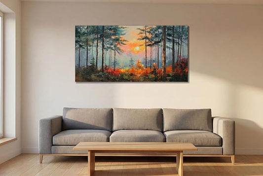 Ardemy Sunset Pines Wall Art Hand-Painted Texture Forest Canvas Painting Sunrise Picture 40"x20" Large Nature Artwork for Living Room Bedroom Office Farmhouse Decor