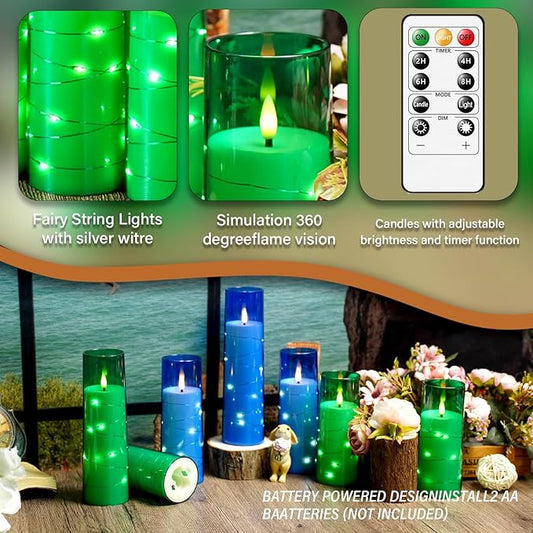 kakoya Flameless LED Candles with Timer 9 Pc Flickering Flameless Candles for Romantic Ambiance and Home Decoration Stable Acrylic Shell,with Embedded Star String,Battery Operated Candles(Green)