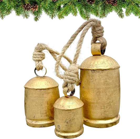 Vintage Metal Harmony Bells, Rustic Farmhouse Door Hanging Cow Bells, Gold Shabby Chic Christmas Decor, Bells for Christmas Wreath, Set of 3 with Jute Rope